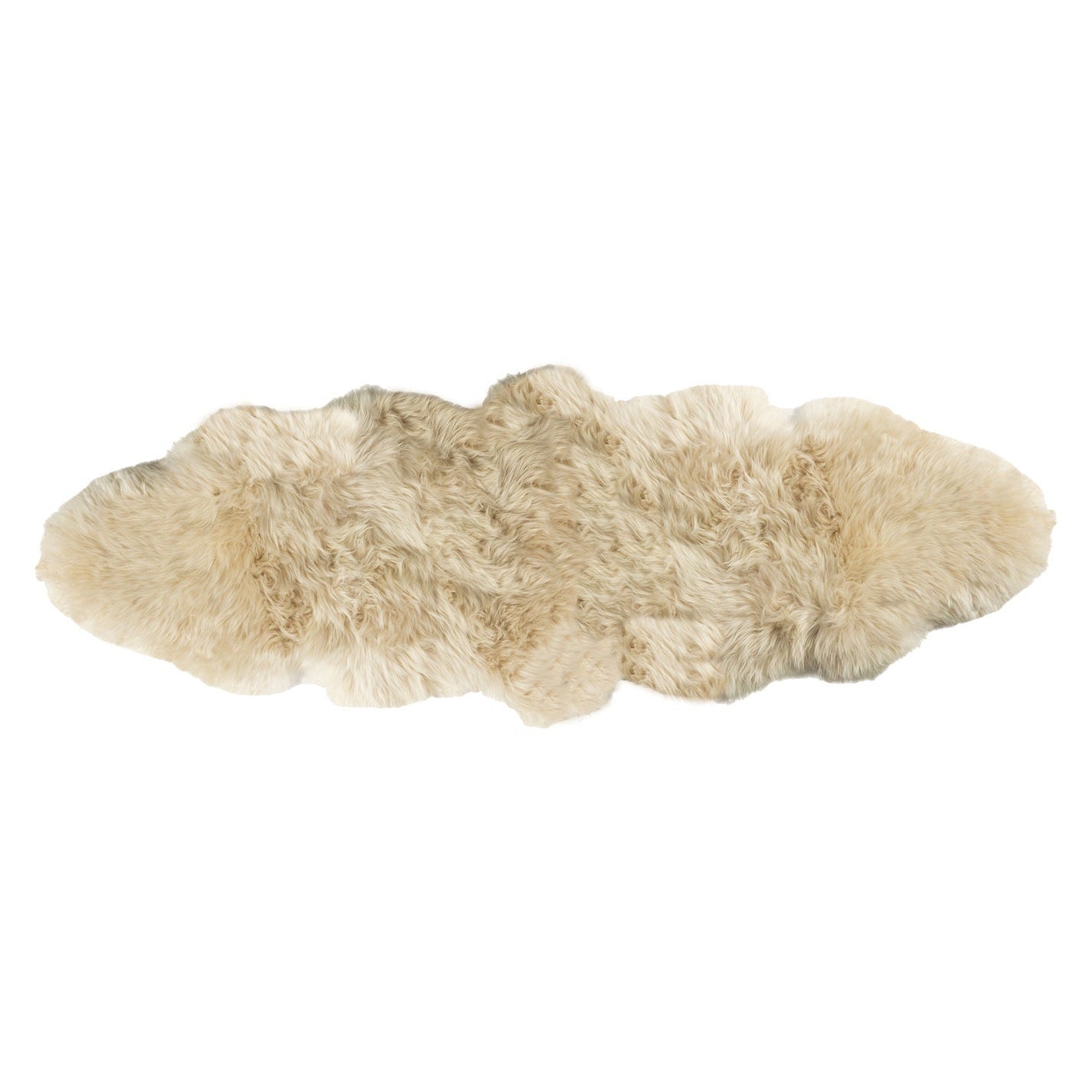 A beige-colored double longwool sheepskin rug laid out on a plain background.