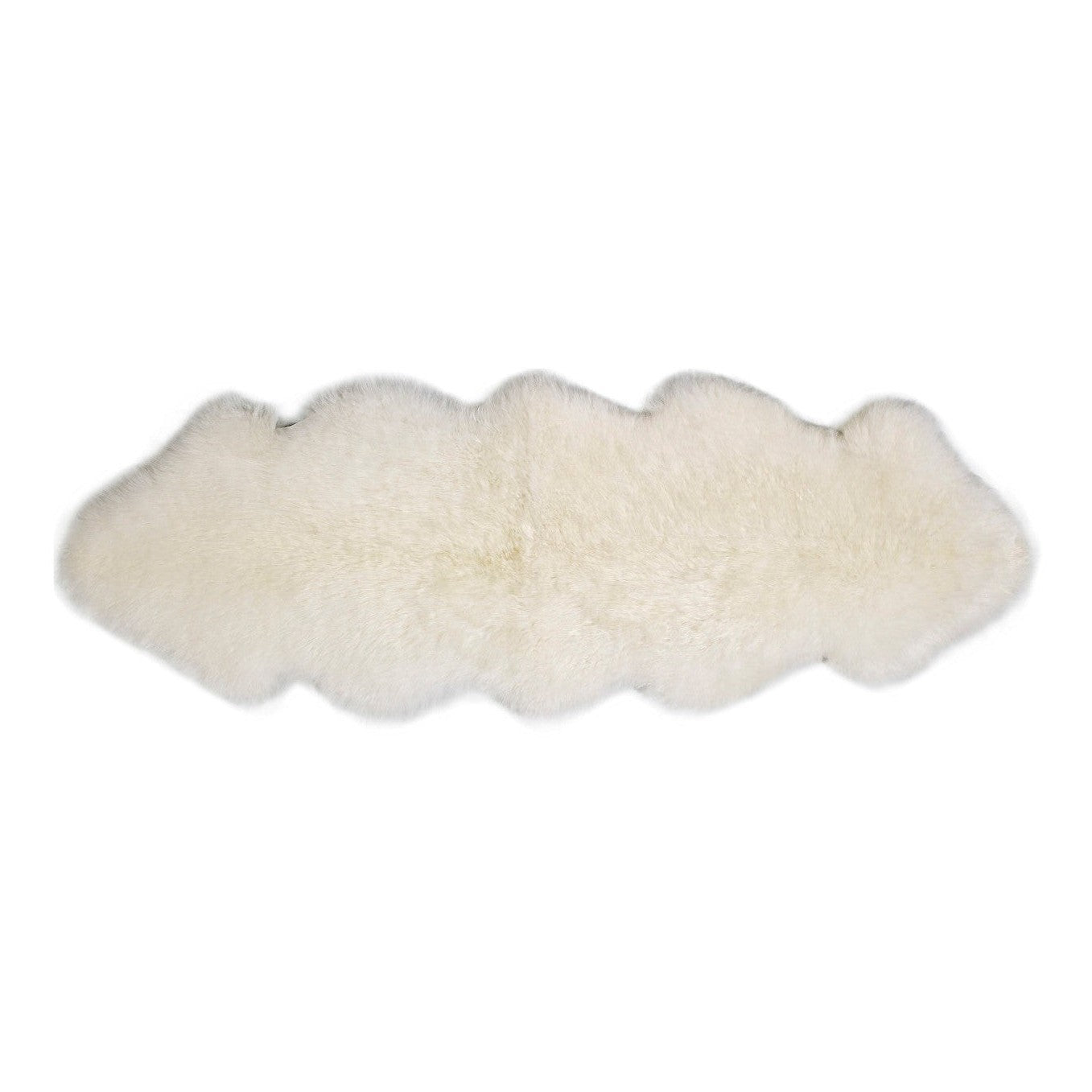 A long white wool rug with a plush texture, displayed on a clear background.