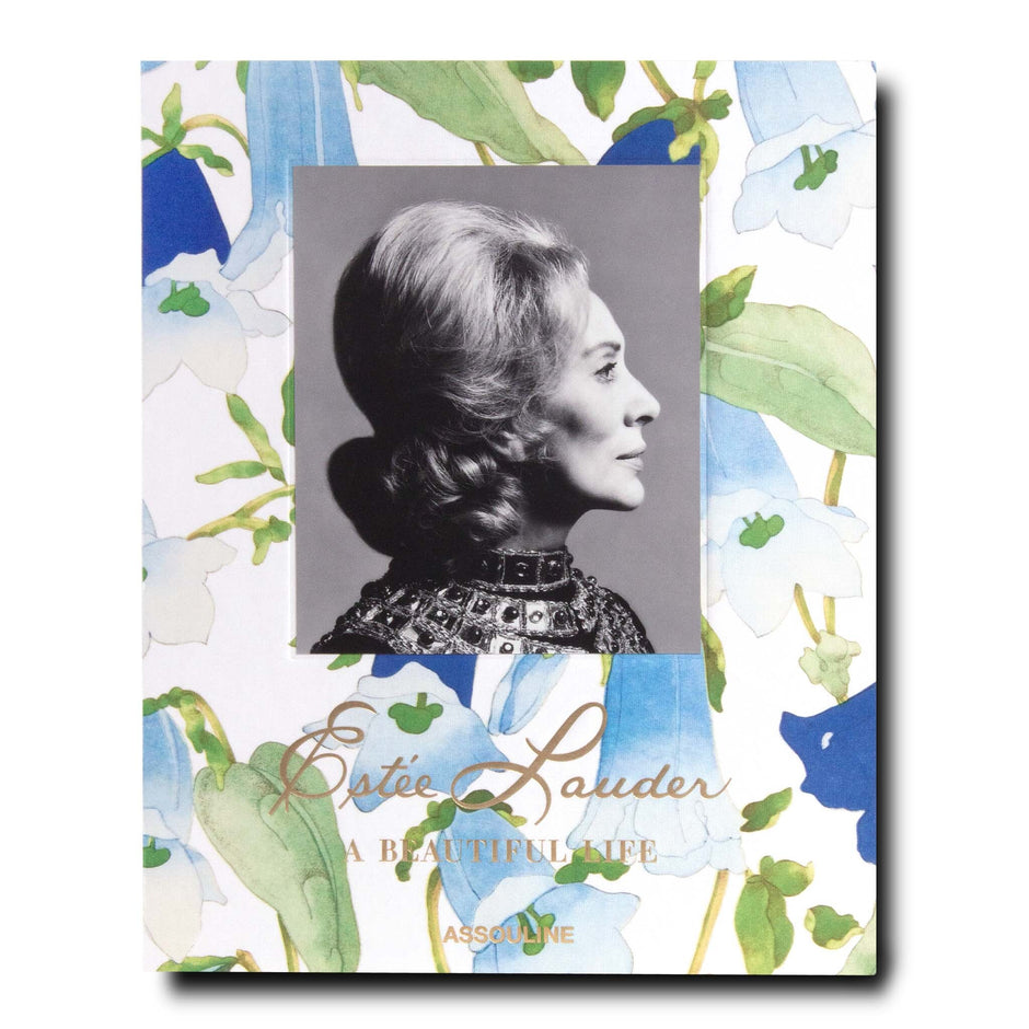 Book cover with a portrait of a entrepreneur Estee Lauder and floral design
