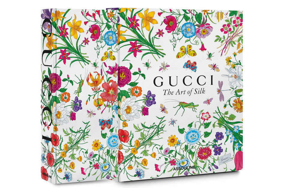 Gucci book titled 'The Art of Silk' with colorful floral design on a white background