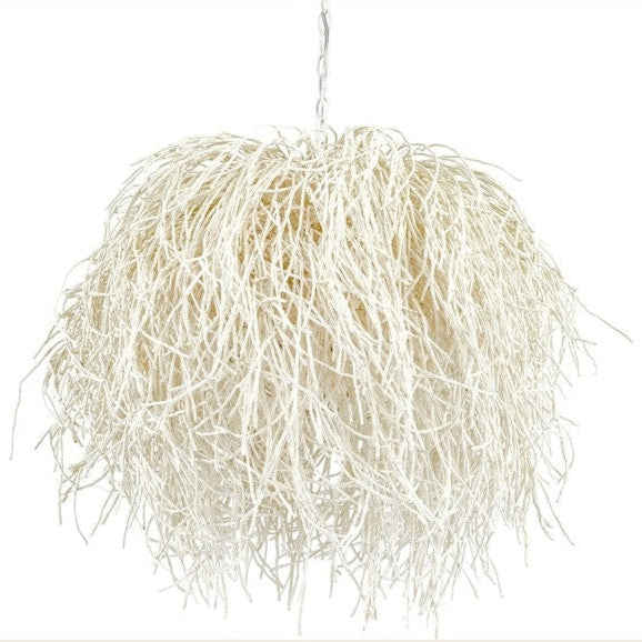 A chandelier with a cylindrical wooden bead silhouette over a metal frame, in a natural white color.