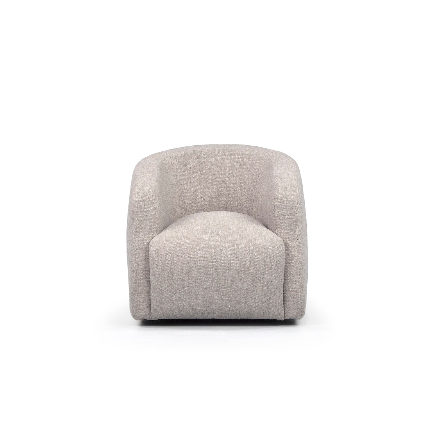 A beige upholstered Theo Club Swivel Chair with a curved backrest and a 22” swivel base, displayed against a white background.