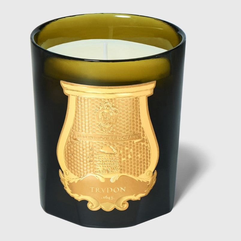 A Trudon Intermezzo scented candle with a gold label on a black background.