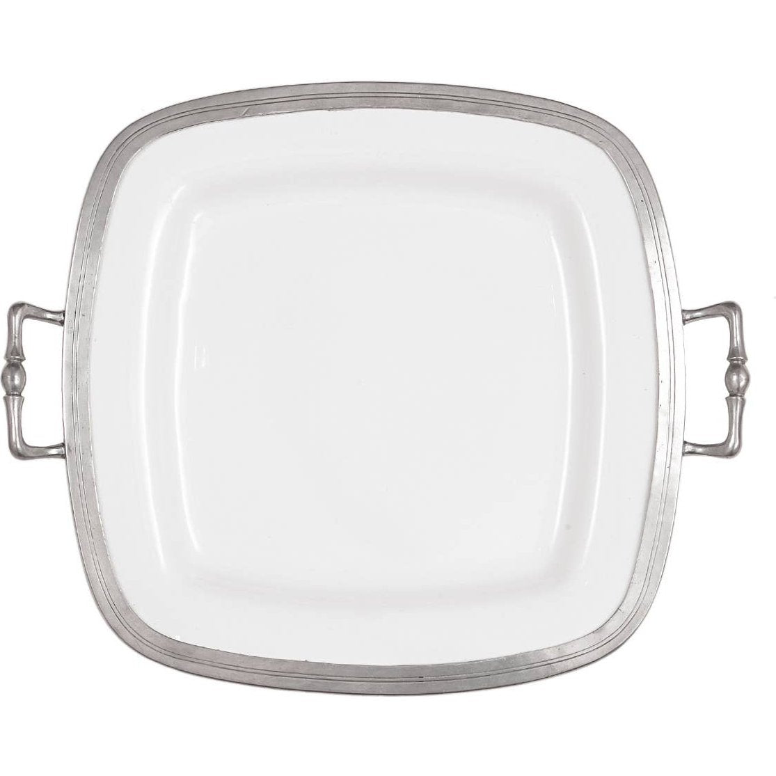 A square ceramic platter with handles, featuring a bianco white ceramic surface with pewter accents and a patina finish.