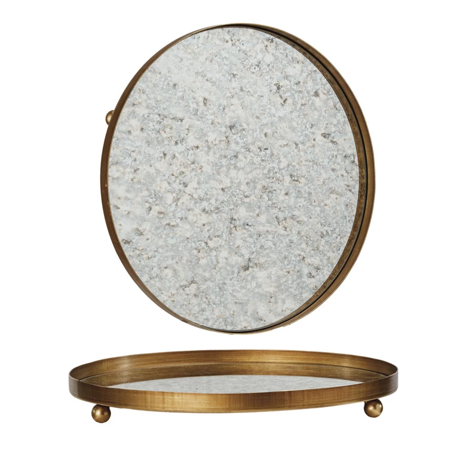 Gold Finish Footed Antiqued Mirror Tray