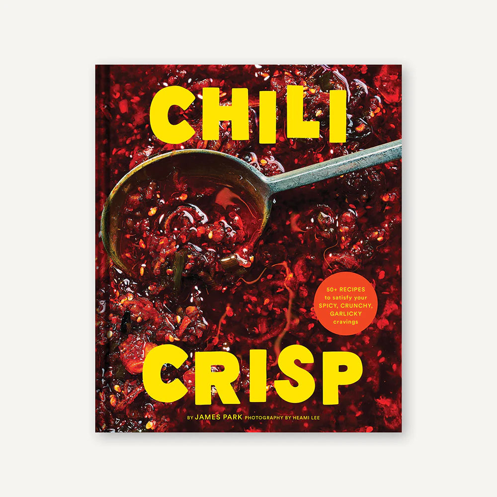 Book cover of 'Chili Crisp' with a spoonful of chili and red background.