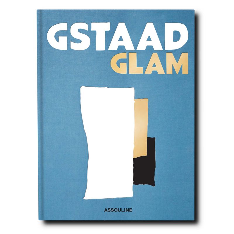 Book cover with 'Gstaad Glam' text and abstract design on a blue background