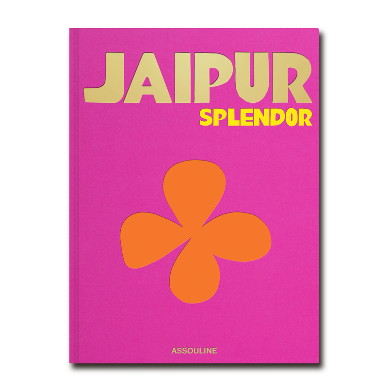 Book cover with 'Jaipur Splendor' text and orange flower design on a pink background