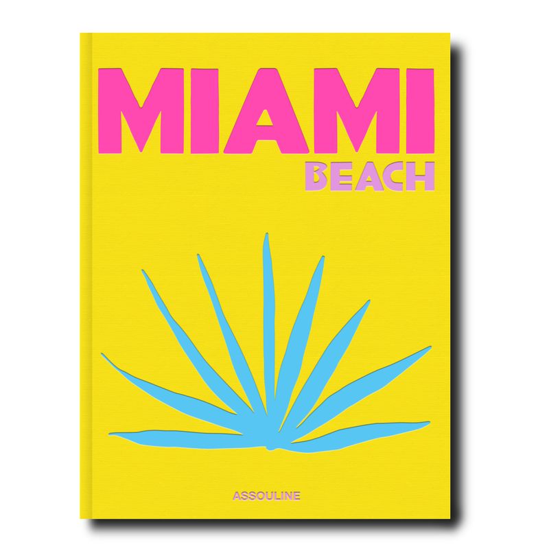 Book cover with 'MIAMI BEACH' text and blue plant design on a yellow background
