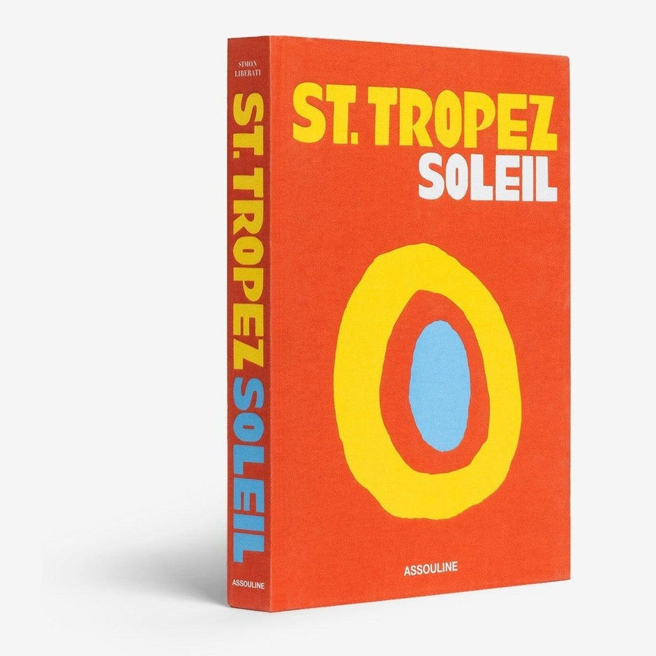 A book cover with a bold red background featuring the title 'ST. TROPEZ SOLEIL' in white letters and a graphic design in yellow and blue.