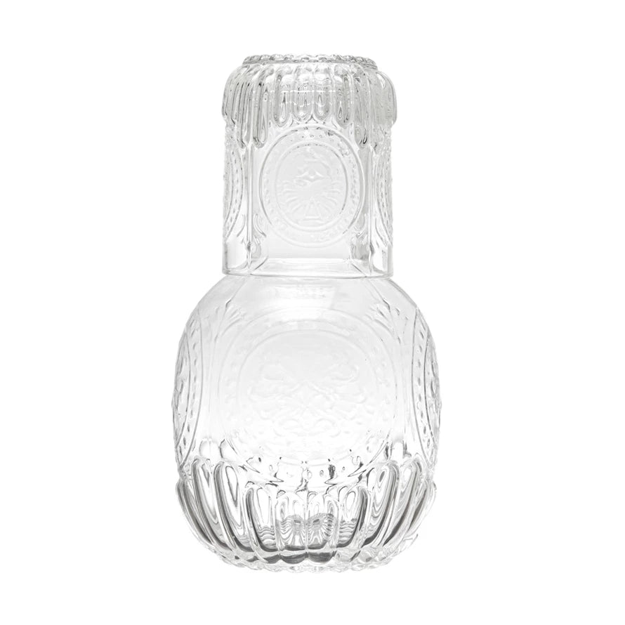 Embossed Glass Carafe w/ Drinking Glass, Set