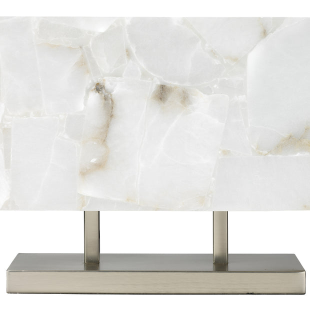 Marble-patterned table lamp with metallic base on a white background