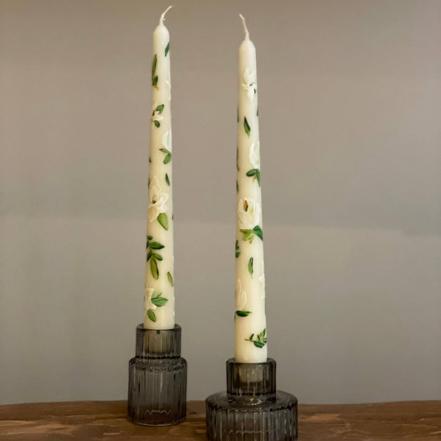Ivory Magnolias Hand-Painted Taper Candle, Pair