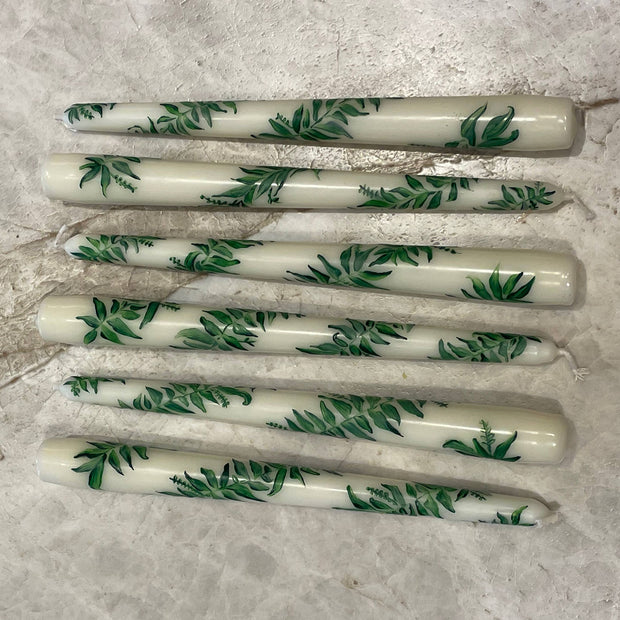 Green Leaf Hand-Painted Taper Candle Pair