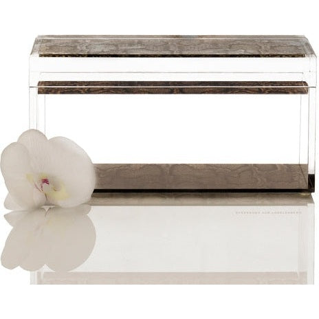 A clear acrylic Alexandra Von Furstenberg Treasure Box with a snake pattern detail on the lid, displayed alongside a white orchid flower.
