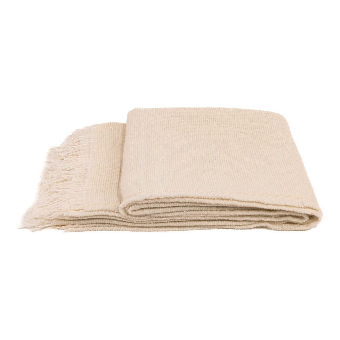 A beige Uniq'uity Allen Throw with fringes at the end, draped and folded on a plain background.