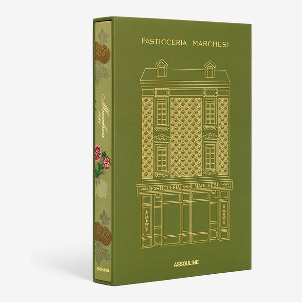 A green hardcover book titled 'Pasticceria Marchesi 1824' with an illustration of a building on the cover.
