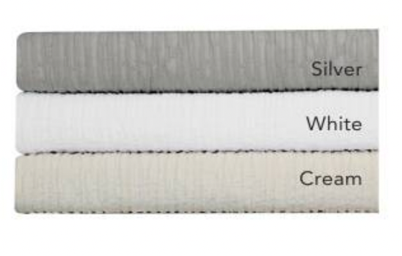 Three euro shams laid out, showing different colors: top is silver, middle is white, and bottom is cream. Each has a textured herringbone pattern.