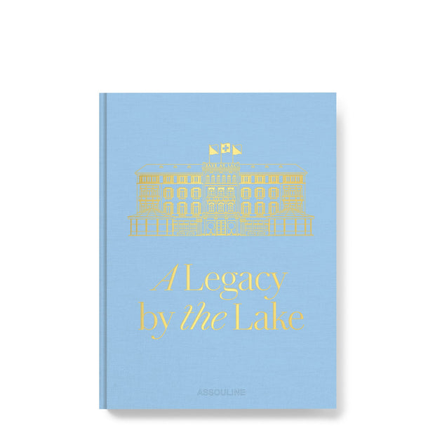 Book titled 'A Legacy by the Lake' with gold text on a light blue background
