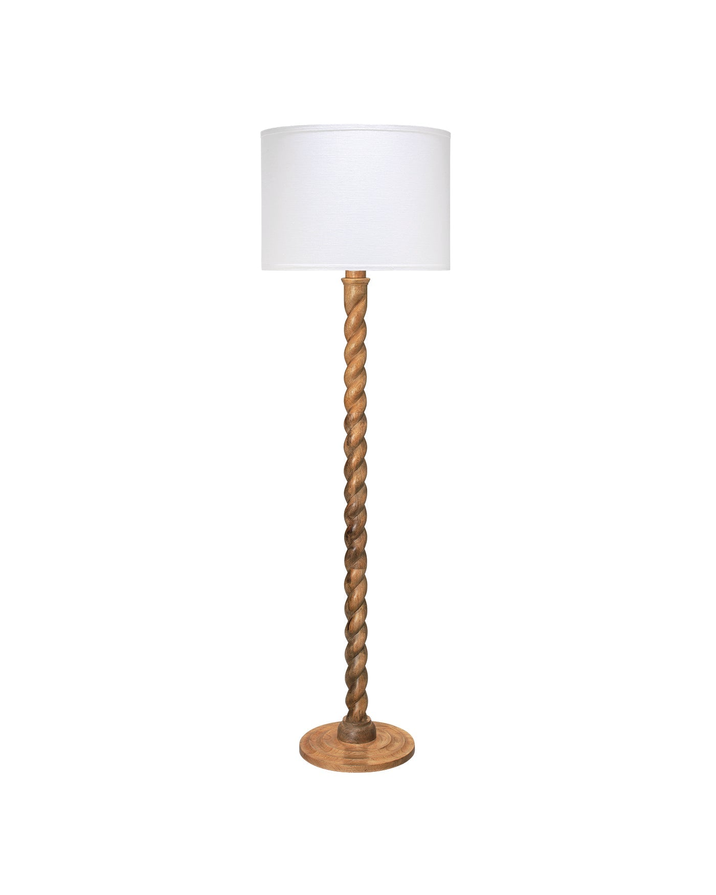 A floor lamp with a white drum shade, a twisted wooden central stem, and a round wooden base, shown against a plain white background.