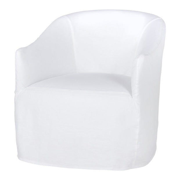 A pale pink upholstered swivel chair with a wood base, designed for adult seating.