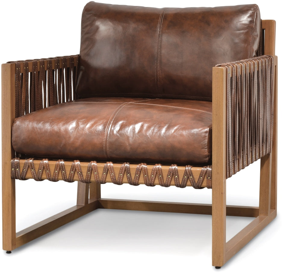 A modern accent chair featuring a brown leather seat cushion and backrest, supported by a light brown wooden frame with decorative rope details on the sides and bottom.
