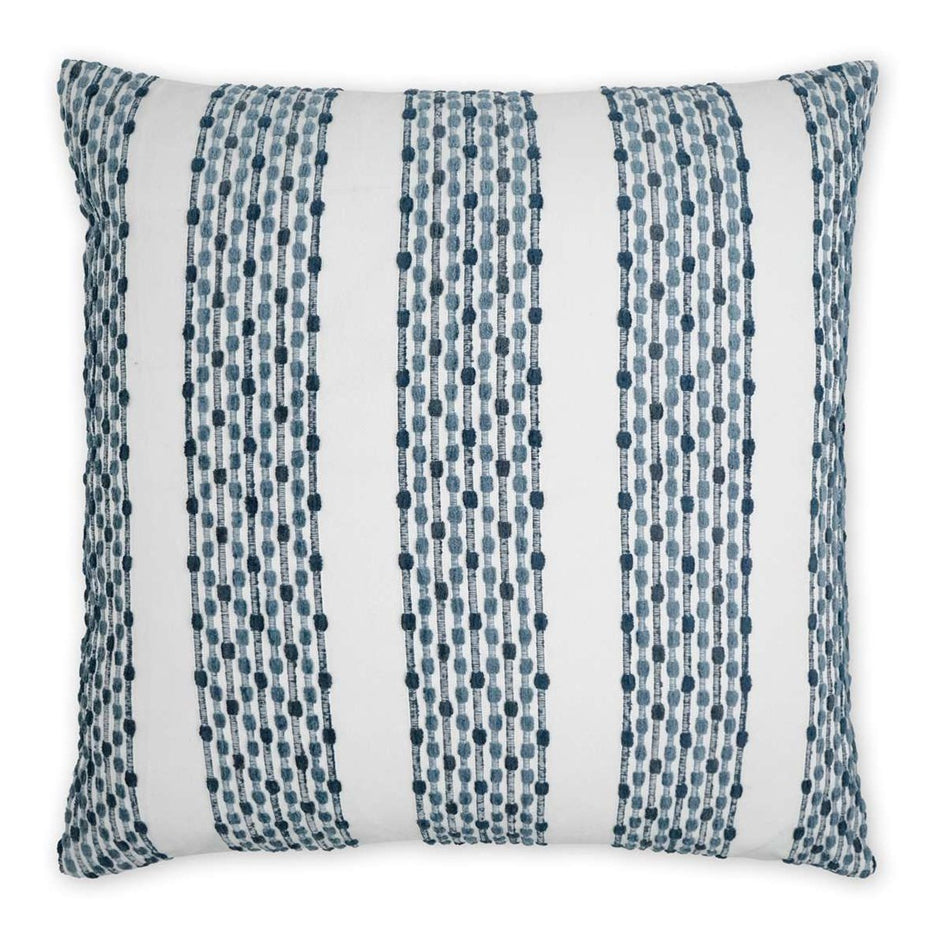 A 24x24 inch decorative pillow with a geometric stripe pattern in blue and white, featuring a solid white back.