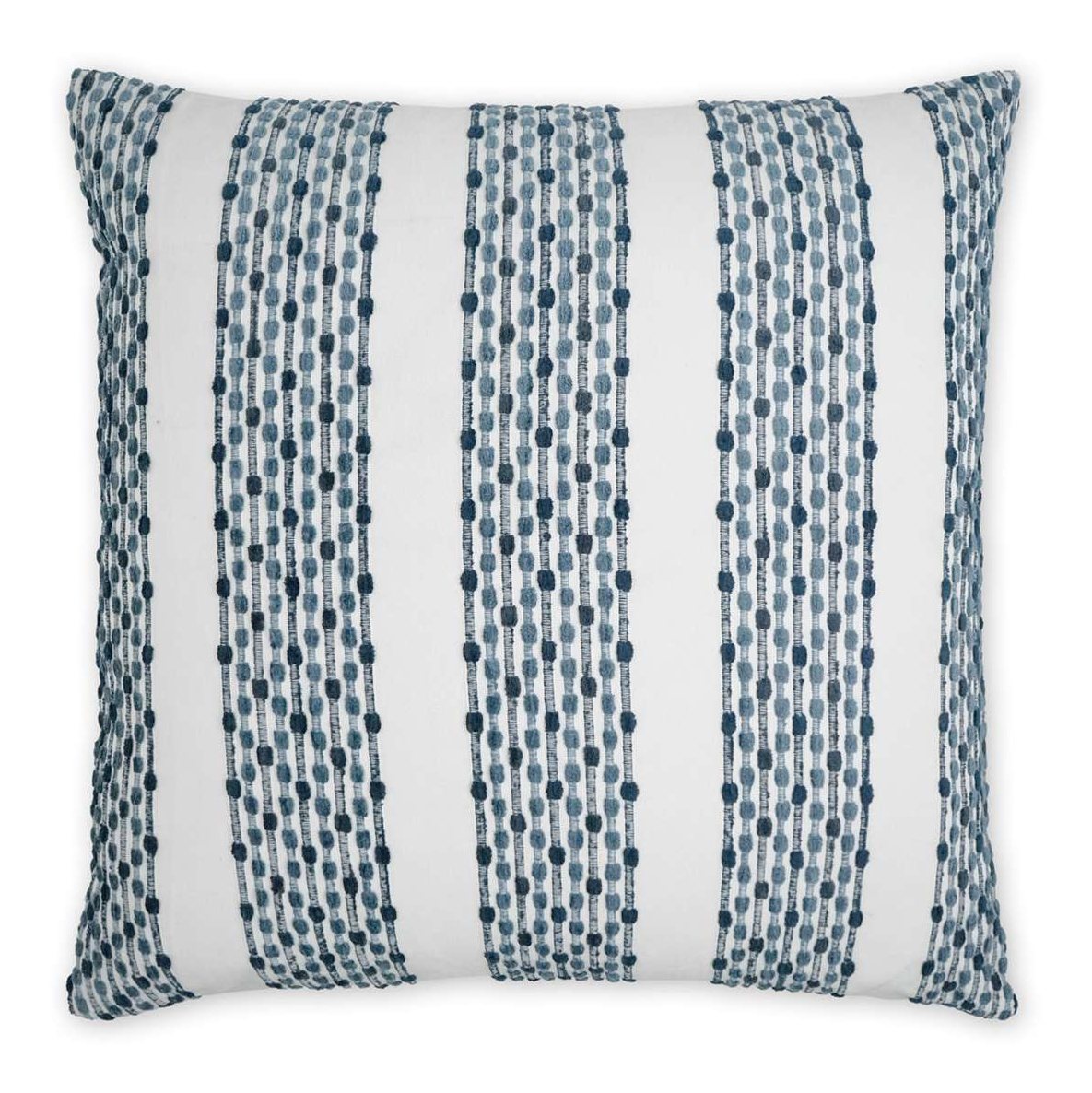 A 24x24 inch decorative pillow with a geometric stripe pattern in blue and white, featuring a solid white back.