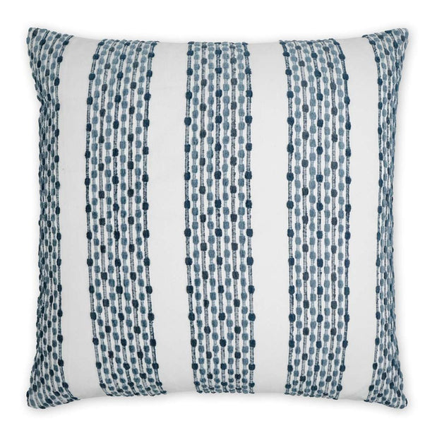A 24x24 inch decorative pillow with a geometric stripe pattern in blue and white, featuring a solid white back.