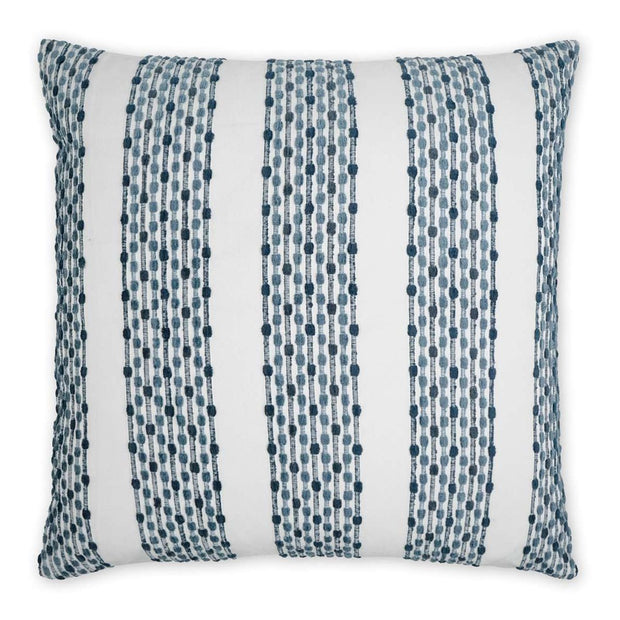 A 24x24 inch decorative pillow with a geometric stripe pattern in blue and white, featuring a solid white back.