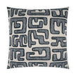 A square-shaped decorative pillow with a geometric pattern in navy blue on a natural beige background.