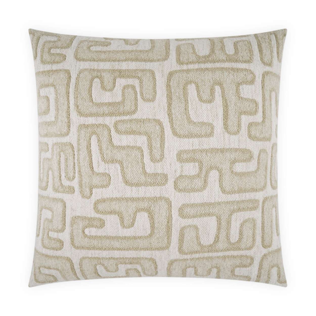 24x24 handmade decorative pillow with textured woven front in acrylic, polyester, cotton, and linen blend, backed in polyester, with a feather-down insert