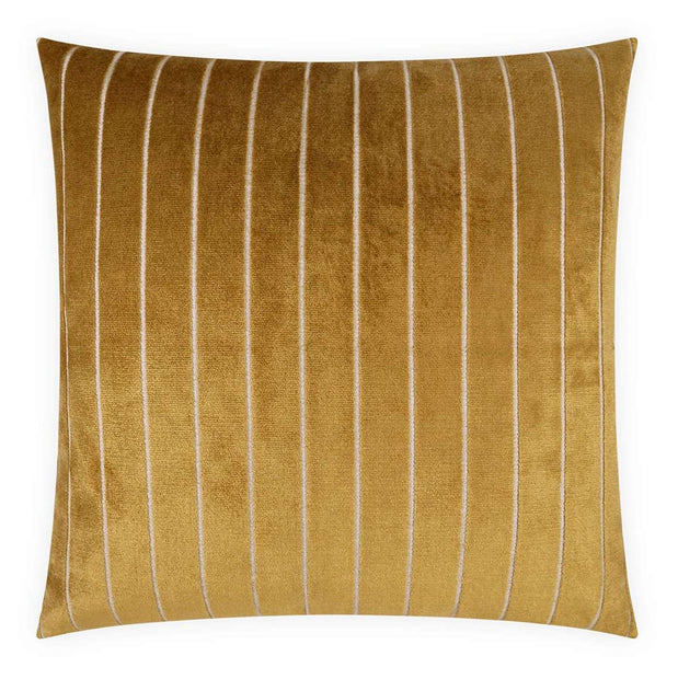 A square-shaped throw pillow with vertical silver stripes on a topaz yellow background, with a visible zipper along one edge.