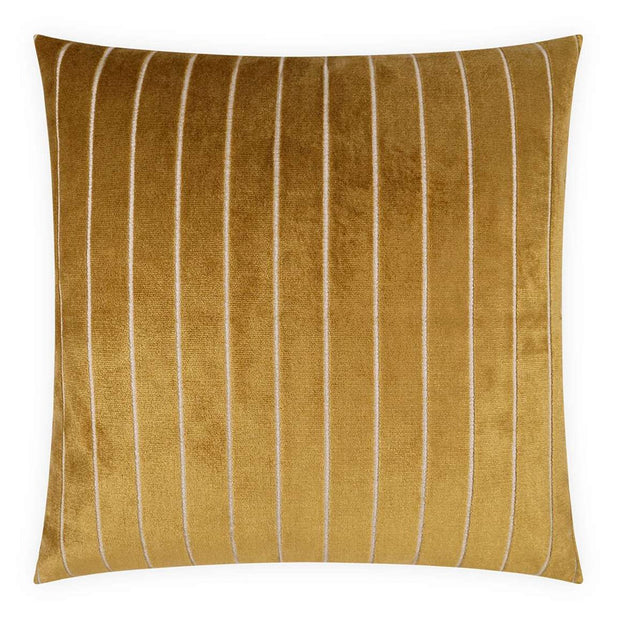 A square-shaped throw pillow with vertical cream stripes on a topaz yellow background, with a zipper along one edge.