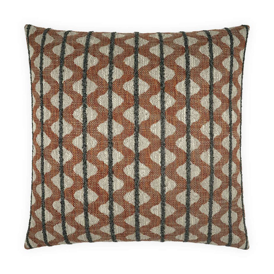 A square-shaped decorative pillow with a geometric pattern featuring beige, gray, and brown colors.