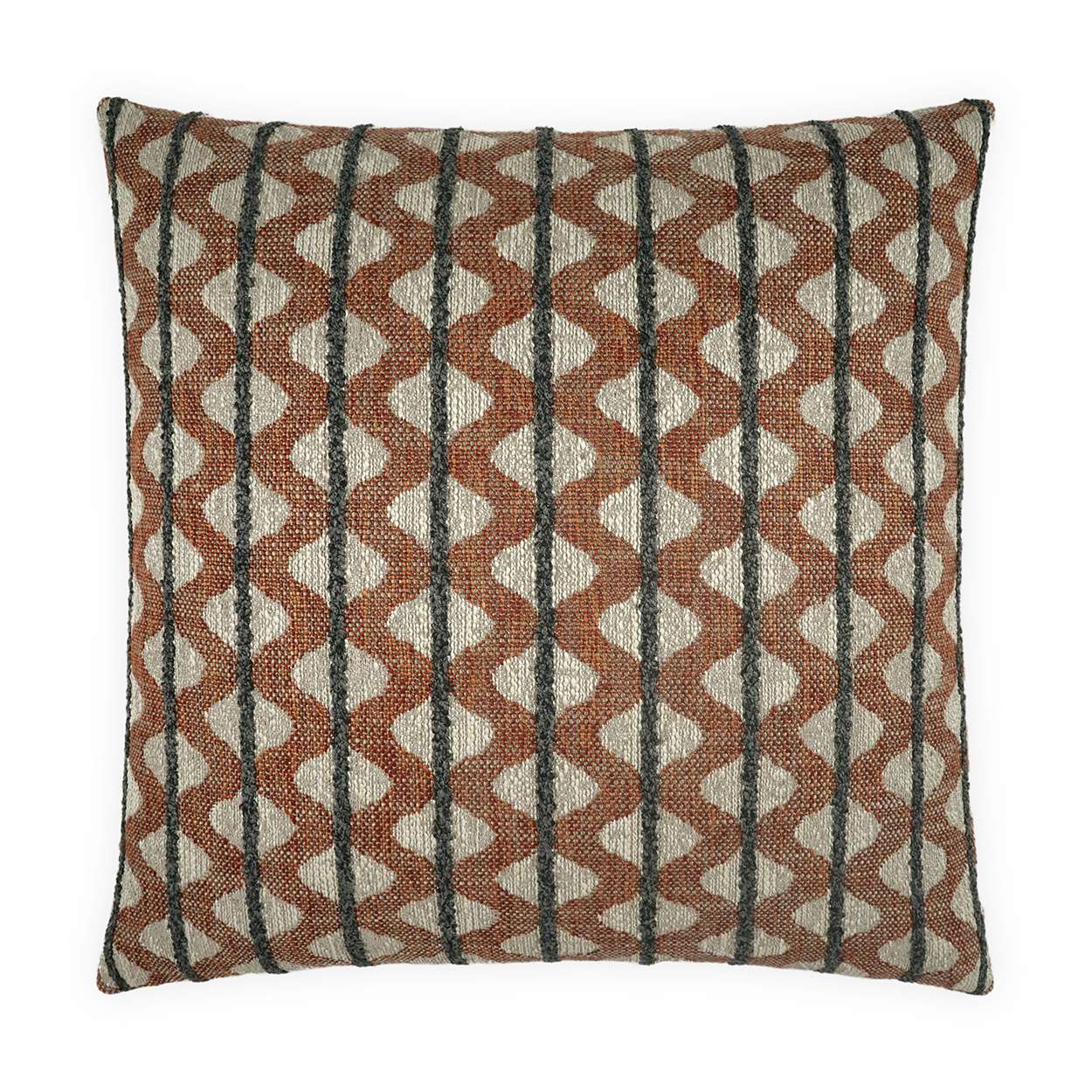 A square-shaped decorative pillow with a geometric pattern featuring beige, gray, and brown colors.