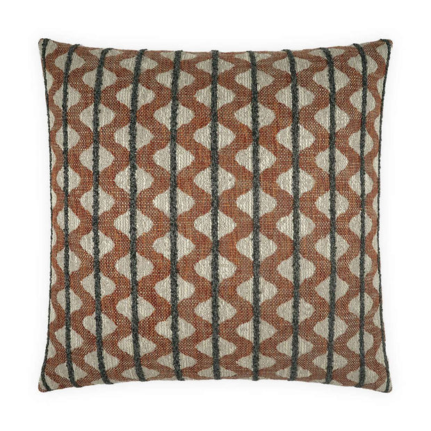 A square-shaped decorative pillow with a geometric pattern featuring beige, gray, and brown colors.