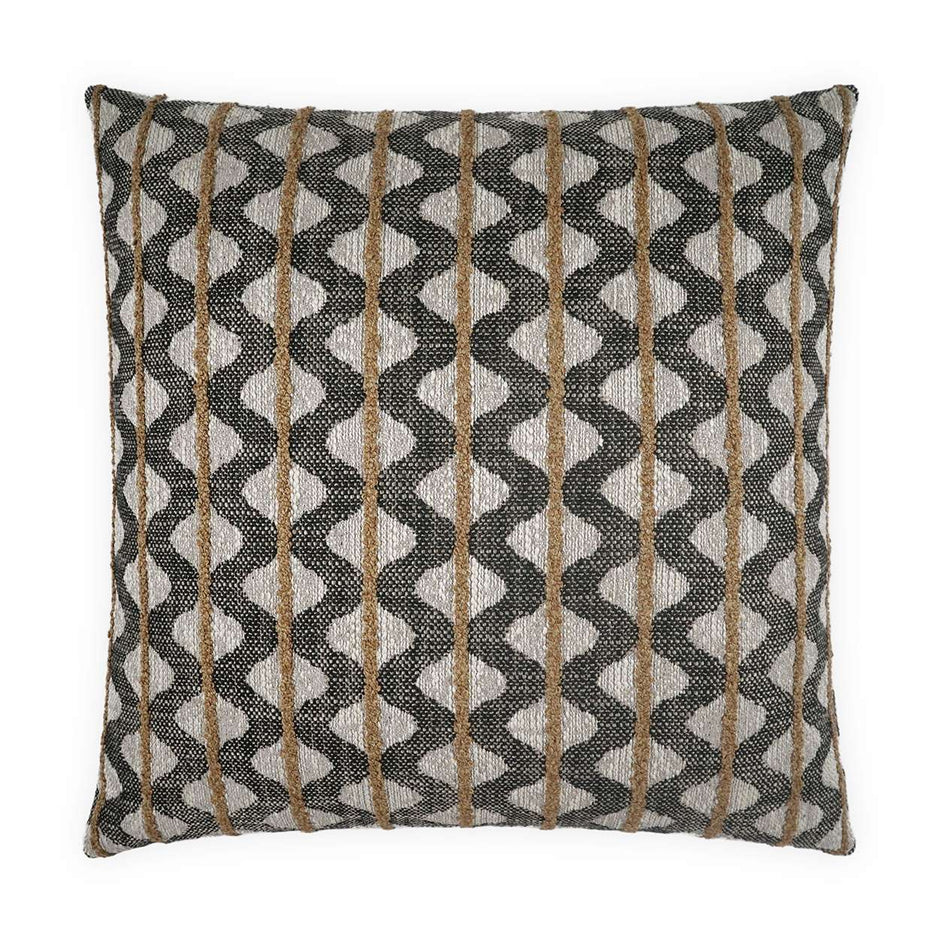 A square-shaped decorative pillow with a geometric pattern featuring beige, gray, and brown colors.