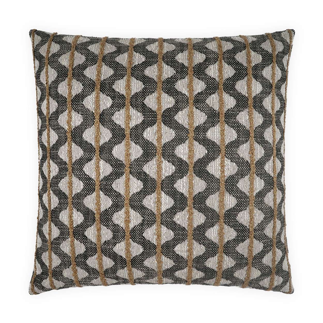 A square-shaped decorative pillow with a geometric pattern featuring beige, gray, and brown colors.