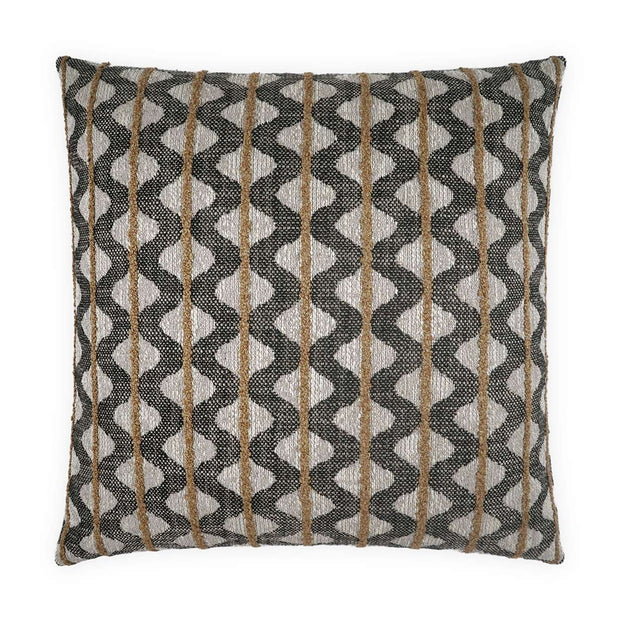 A square-shaped decorative pillow with a geometric pattern featuring beige, gray, and brown colors.