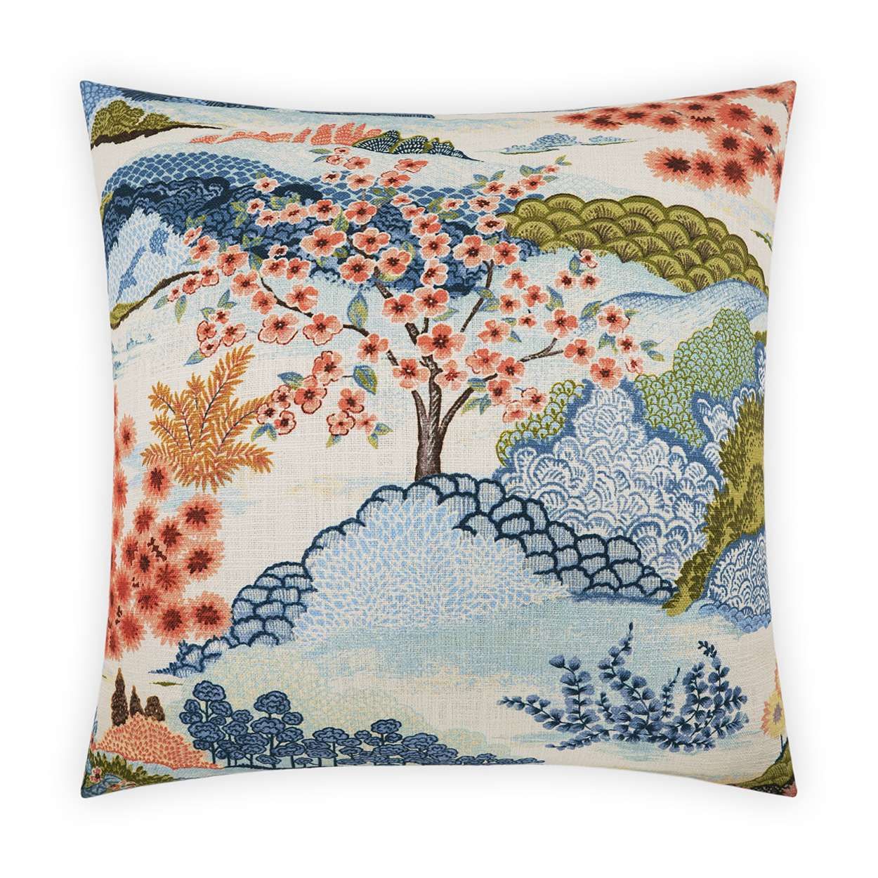 Decorative pillow with a floral pattern featuring a tree with pink leaves, surrounded by a blue and green landscape.