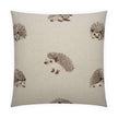 A square-shaped throw pillow with a beige background featuring a pattern of hedgehog designs.