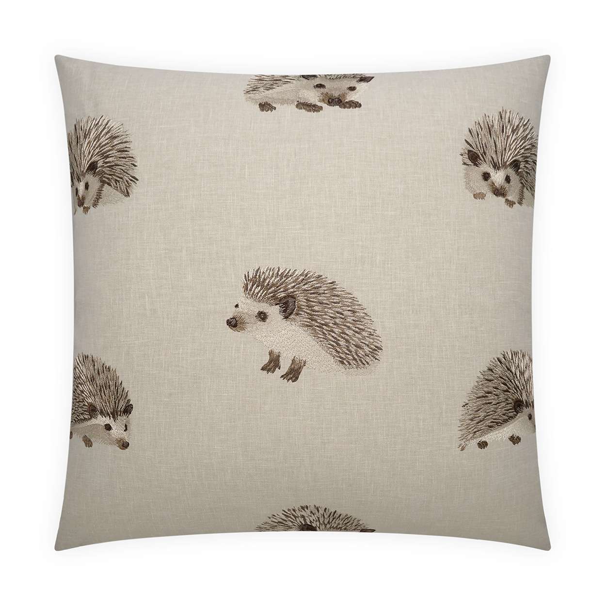A square-shaped throw pillow with a beige background featuring a pattern of hedgehog designs.