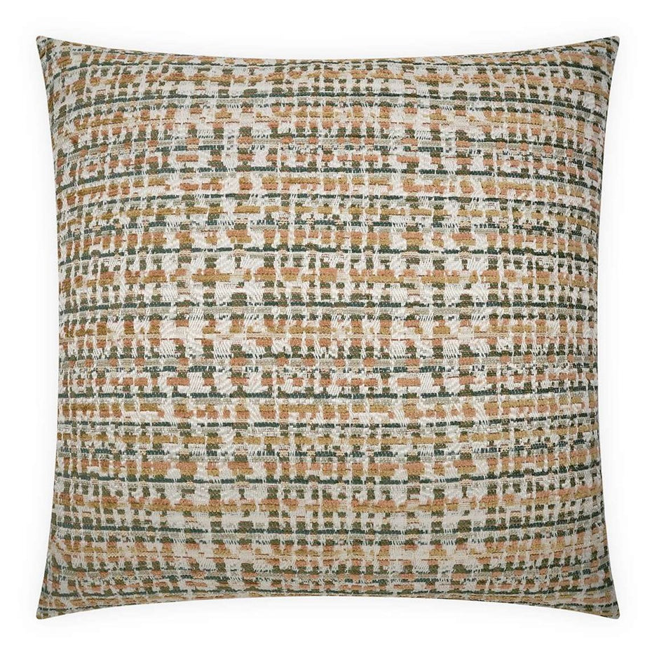A square-shaped decorative pillow with a geometric pattern featuring sunset colors.