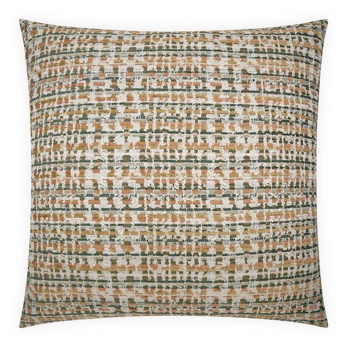 A square-shaped decorative pillow with a geometric pattern featuring sunset colors.