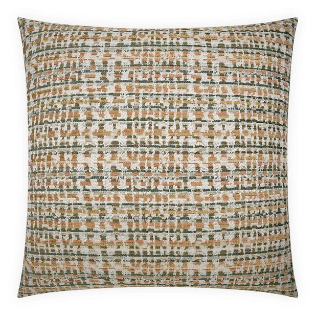 A square-shaped decorative pillow with a geometric pattern featuring sunset colors.