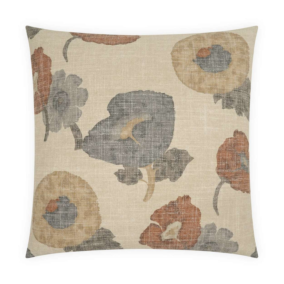 A square-shaped decorative pillow with a floral pattern in shades of gray, beige, and red on a beige background.