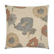 A square-shaped decorative pillow with a floral pattern in shades of gray, beige, and red on a beige background.