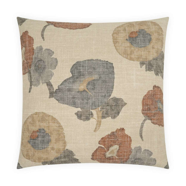 A square-shaped decorative pillow with a floral pattern in shades of gray, beige, and red on a beige background.