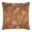 A square-shaped throw pillow with a copper color and a white floral and bird pattern.